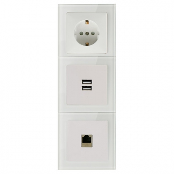 Face Glass 3 Gang Frame with combination of socket,USB charging socket and RJ45 socket